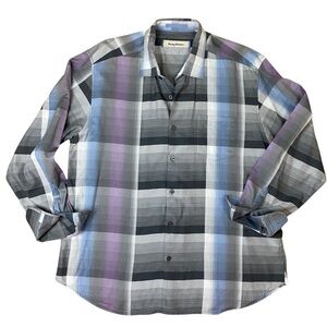 Tommy Bahama Gray Purple Blue Plaid‎ Long Sleeve Button Down Shirt, Size XL